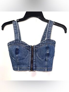 Vintage Denim Zip-Front Bustier Crop Top Size XS 80s Vibe Festival Summer